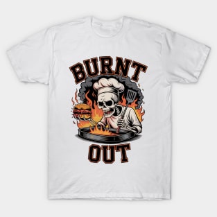 Burnt Out Skeleton Chef with Flaming Grill and Burger T-Shirt